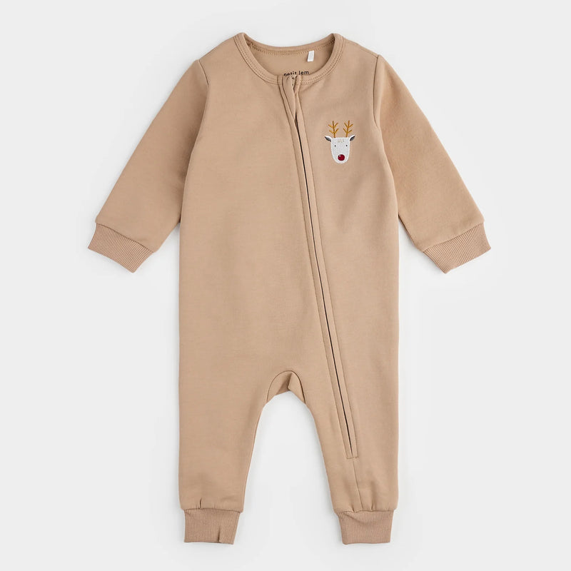 Littlest Reindeer on Taupe Fleece Playsuit