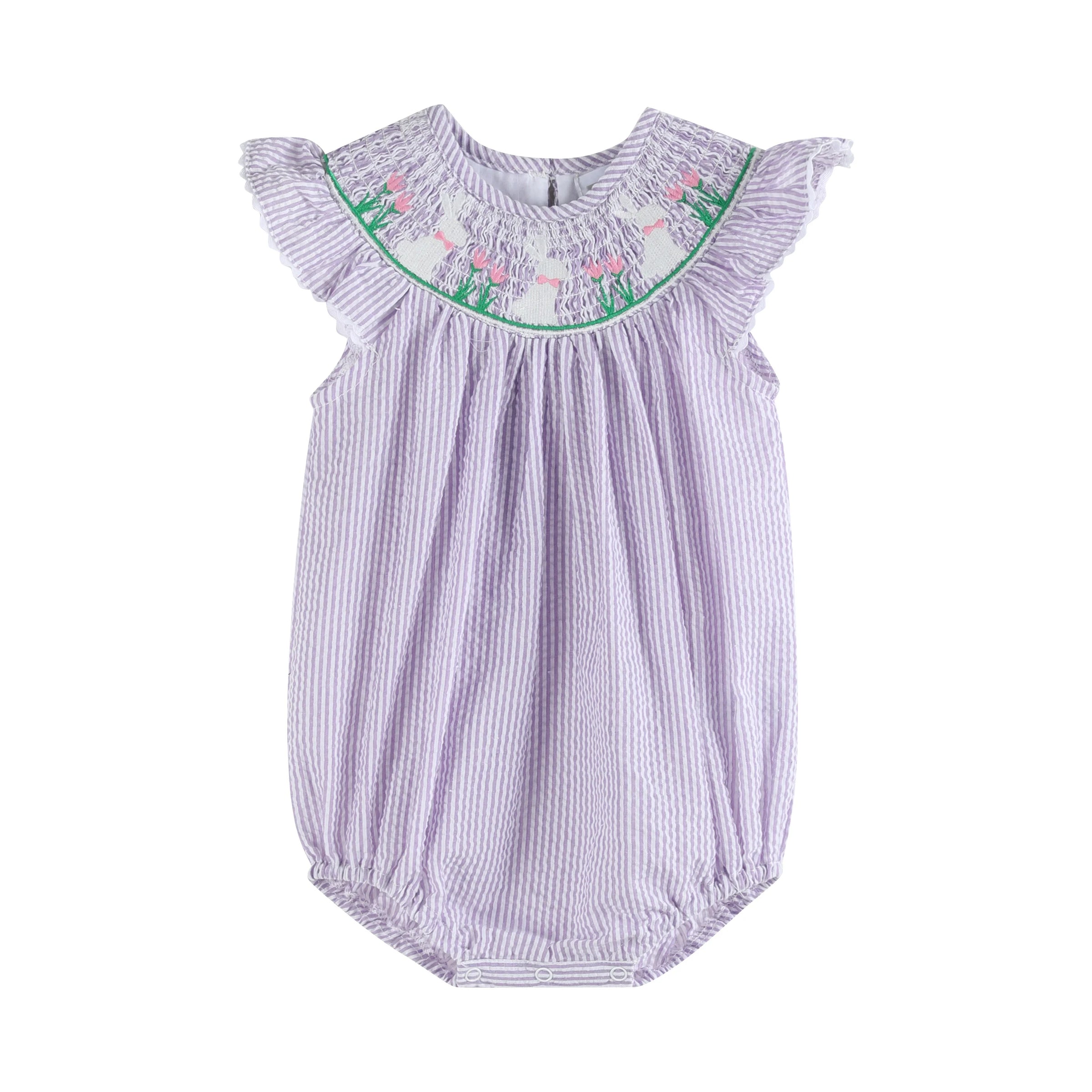 Purple Seersucker Bunny Smocked Romper