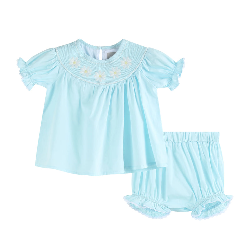 Blue Daisy Smocked Dress and Bloomer Set