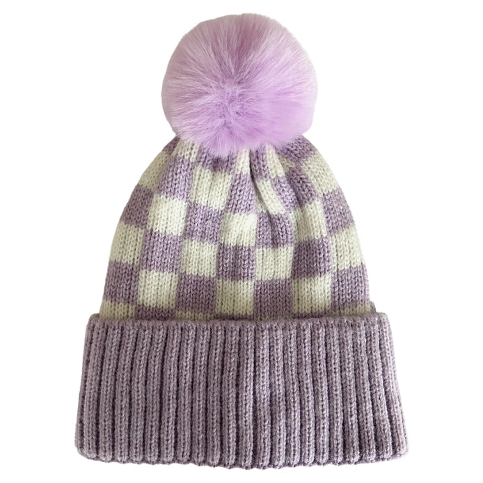 Checkerboard Fur Pom Hat - Wisteria