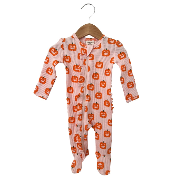 Organic Waffle Ruffle Zip Footie - Blush Jack-O-Lantern