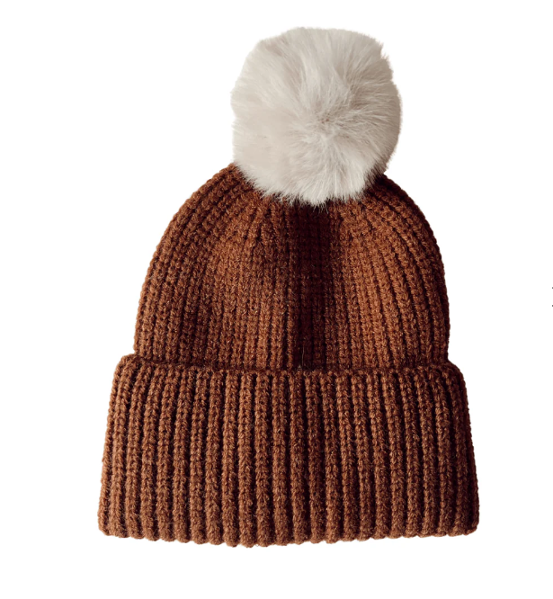 Rib Knit Fur Pom Hat- Saddle