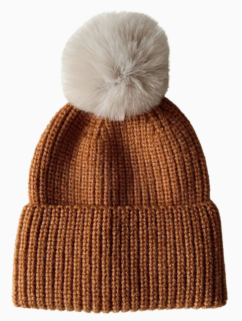 Rib Knit Fur Pom Hat- Toffee