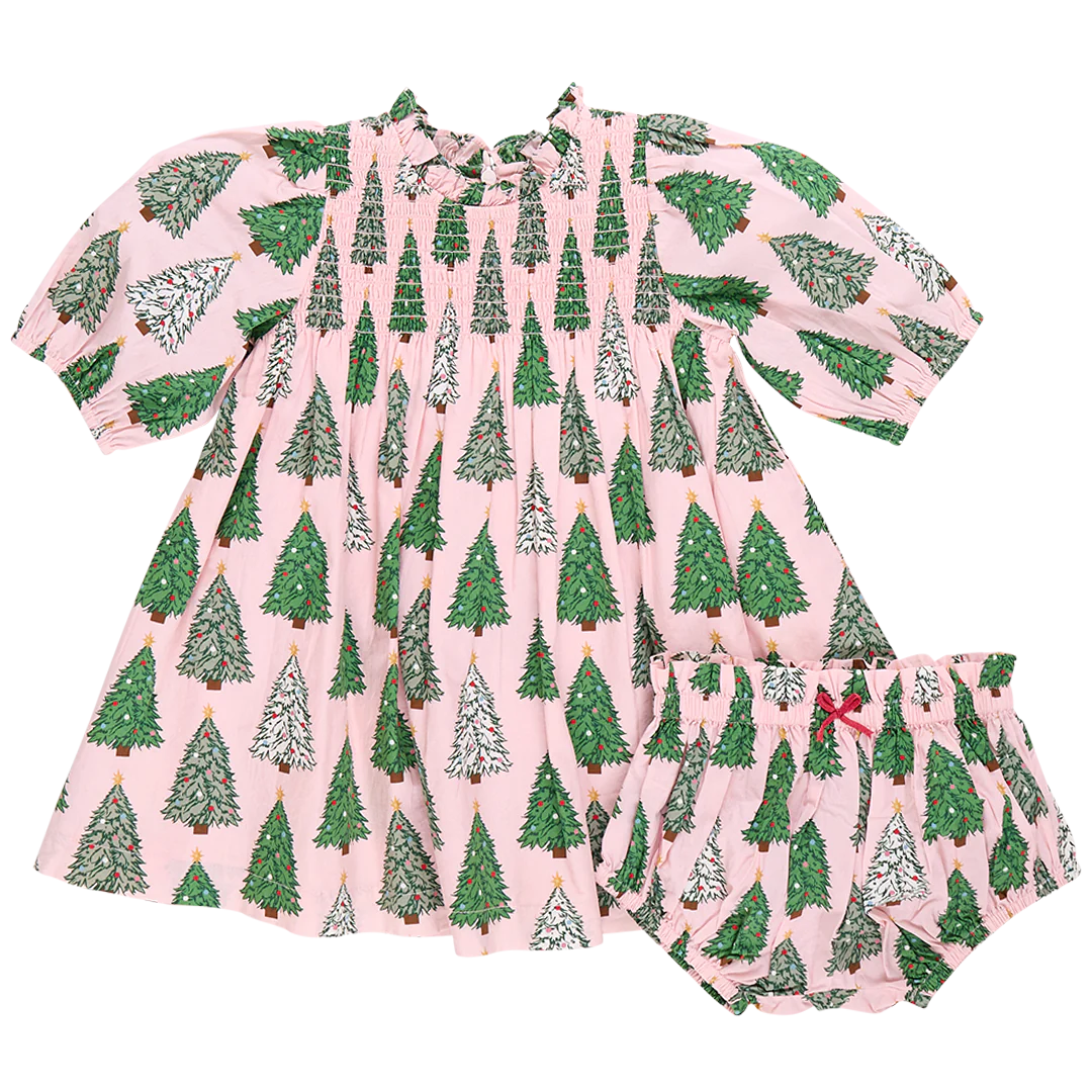 Baby Girls Stevie Puff Sleeve Dress Set - Pink Trees