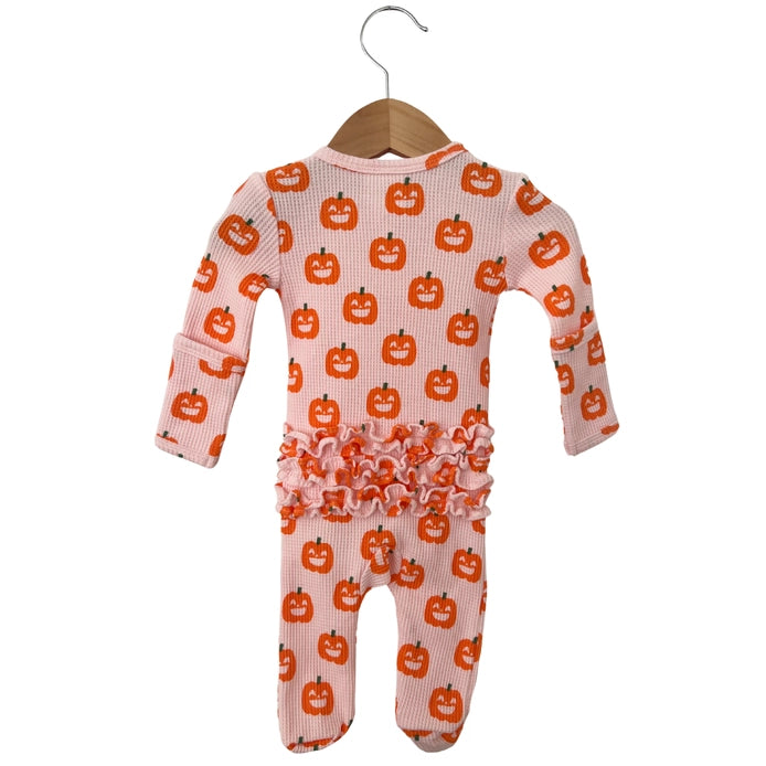 Organic Waffle Ruffle Zip Footie - Blush Jack-O-Lantern