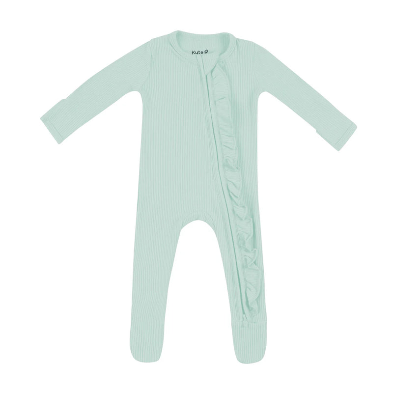 Ribbed Ruffle Zipper Footie - Sage